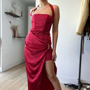 Club London Tallula Red Satin Halter Neck Corset Side Split Maxi Dress